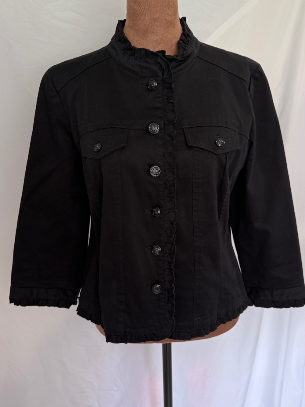 Sandro Paris Black Ruffle Trim Button-Down City Jacket Size Med Romantic Chic